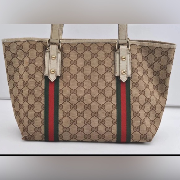 GUCCI Web Sherry Line Tote Bag GG Canvas Leather 137396 Brown 1852J - Picture 2 of 9